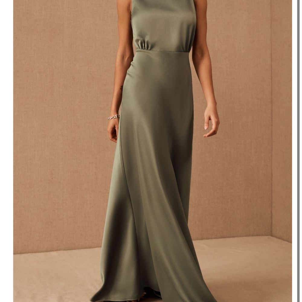 Anthropologie BHLDN 
Beckett Satin Charmeuse Maxi bridesmaid Dress Color: Moss